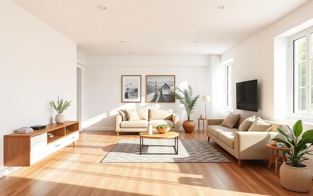 Gerenderde impressie van de gerenoveerde woonkamer in de offerte